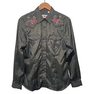 Roper Black Snap Button Embroidered Western Button Front Shirt Size Medium